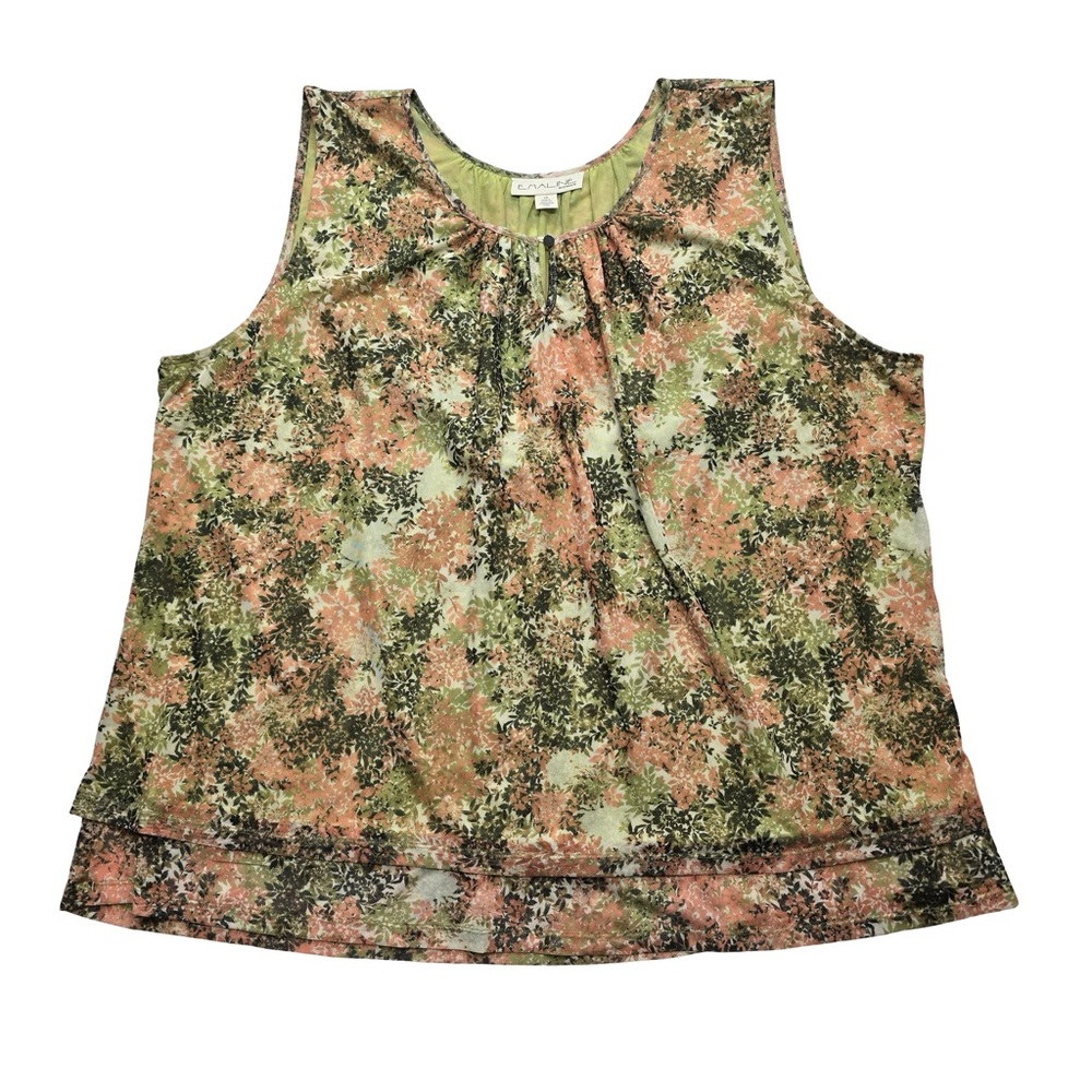 Emaline Floral Sleeveless Blouse Layered‎ Hem Green Peach Women’s 2X